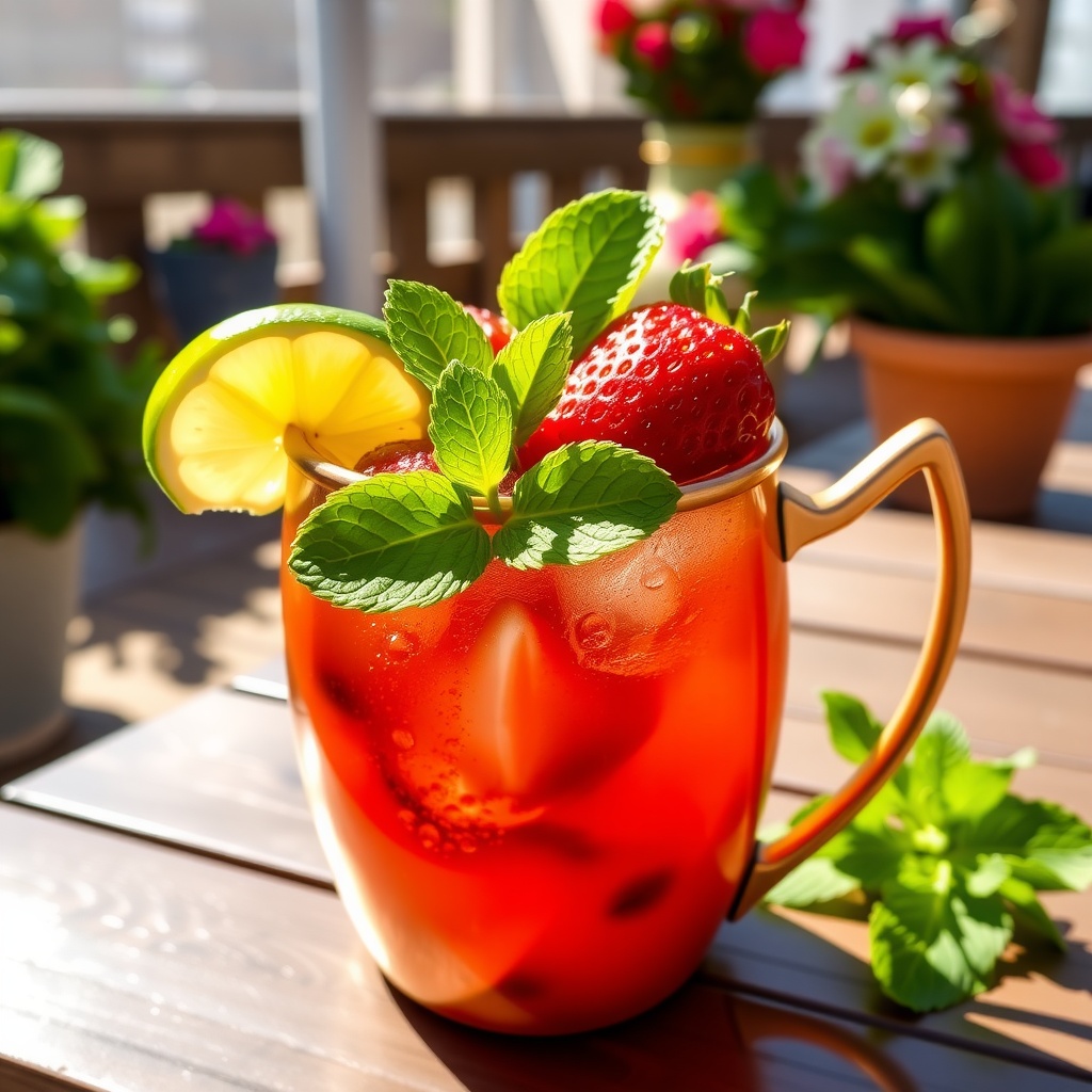 Strawberry Moscow Mule Delight in a copper mug, garnished with strawberries and mint on a sunny patio.